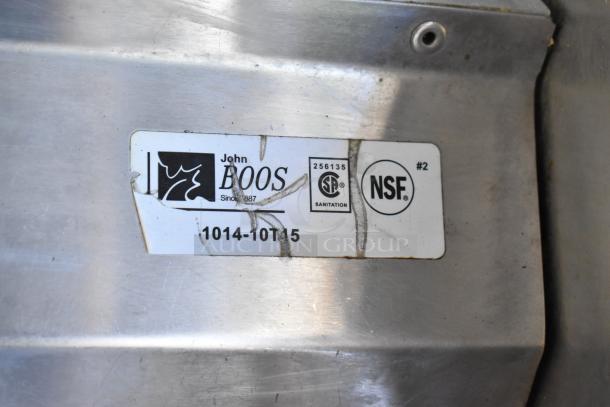 John Boos brand label on metal surface, showing model 1014-10T15, with NSF and sanitation certification logos.