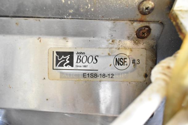 Label on John Boos equipment with NSF certification and serial number E1S8-18-12, indicating professional kitchen standard.