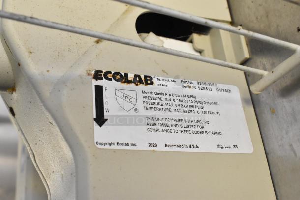 Ecolab label showing model Oasis Pro Ultra 1, pressure details, manufactured in 2020, assembled in the USA.