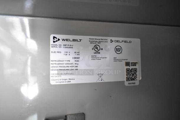 Label on Welbilt refrigerator, model GBF1P-S-IJ, detailing electrical requirements, refrigerant type R290, UL and NSF certified.