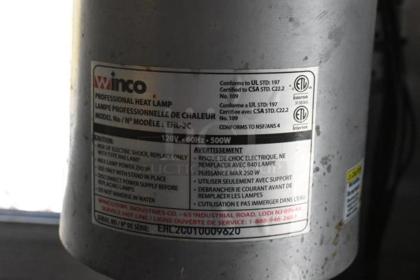 Winco Professional Heat Lamp label, Model EHL-2C, 120V, 60Hz, 500W. Safety instructions and certification details visible.