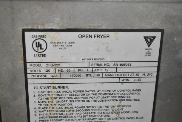 Label on a gas-fired UL listed open fryer, model OFG-322, with details on volts, propane gas, BTU, and starting instructions.