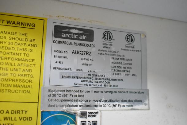 Arctic Air commercial refrigerator label, Model AUC27RZ, refrigerant R600a, 115V, made in China.