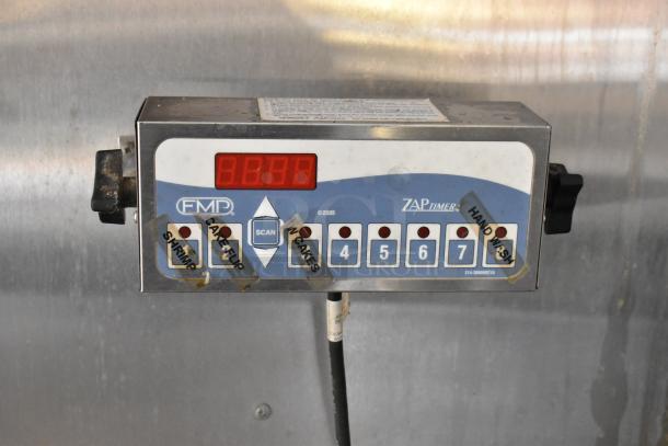 FMP Zap Timer control panel for kitchen appliances, featuring numeric buttons and custom labels like "SHRIMP" and "HAND WASH."