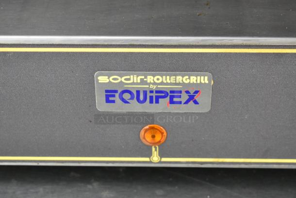 Sodir-Rollergrill by Equipex label, featuring logo and an orange indicator, on a food trailer kitchen appliance.