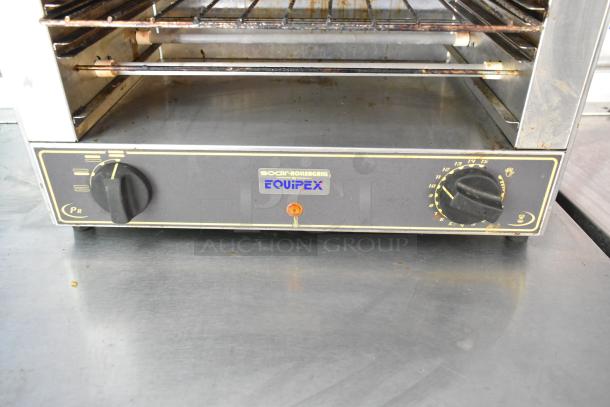 Sodir-Rollergrill EquipEx oven, black dials, silver body. Includes temperature and setting controls. Suitable for mobile kitchen.