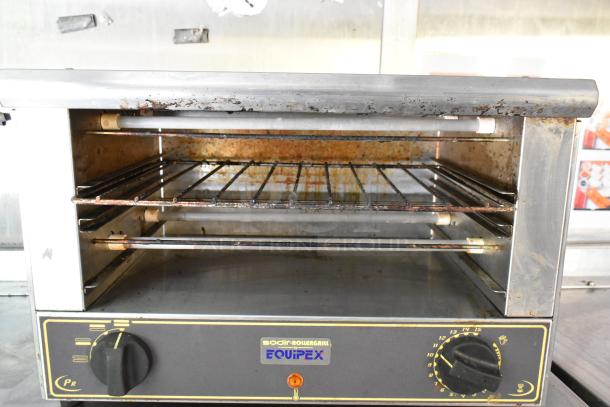 EquipEx Sodir Roller Grill, used condition, stainless steel exterior, two control knobs, visible wear, open oven with racks.