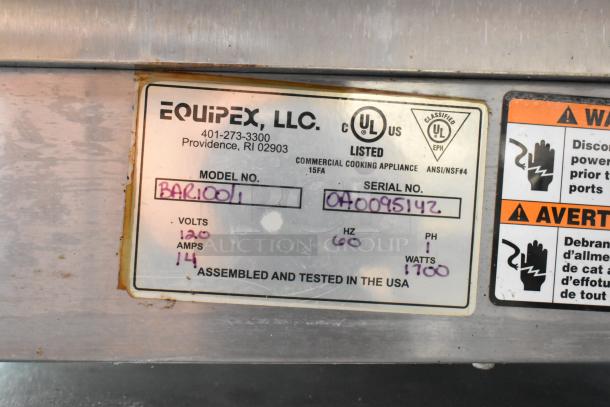 EQUIPEX appliance label showing model BAR1001, serial 040095142; listed as a commercial cooking appliance with specifications.