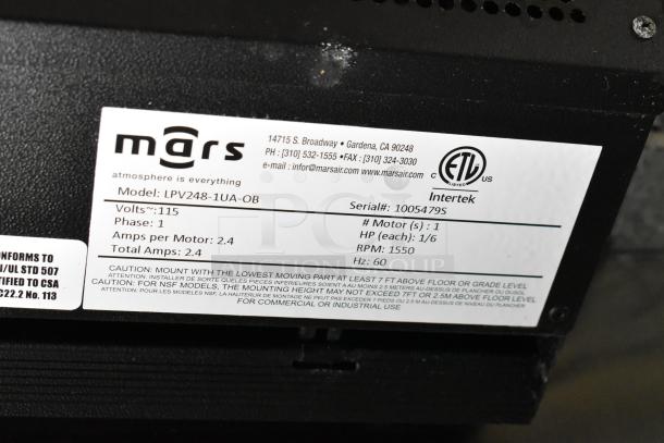 Label on Mars air system model LPV248-1UA-OB, details specs: 115 volts, 1 phase, 2.4 amps, 1/6 HP motor, RPM 1550.