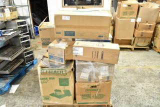17 boxes including Cambro containers, cutlery dispenser, towel dispenser. Some labeled Dixie Ultra, Soft Pull, U-Haul. Scratch and dent condition.
