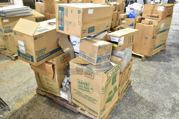 17 brand new scratch and dent boxes on pallet, including Cambro containers, cutlery dispenser, and towel dispenser.