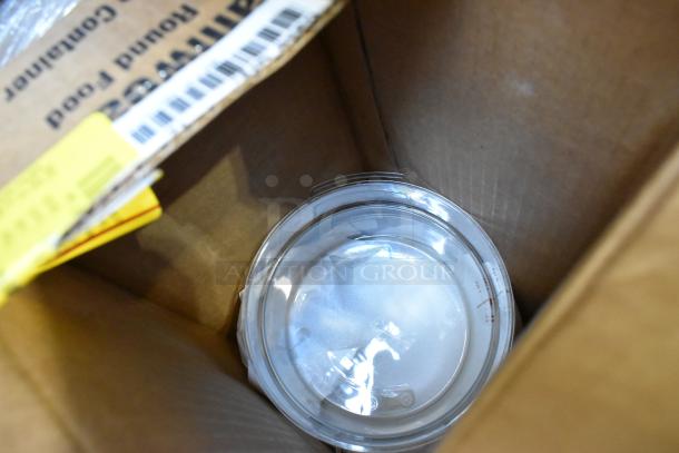 Cardboard box containing a Cambro food container with a lid. Box has labels and barcodes, indicating new condition.