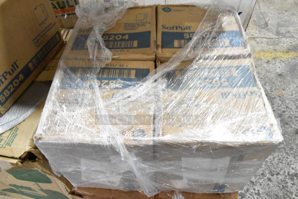 17 unopened boxes wrapped in plastic, containing Cambro containers, cutlery dispenser, and towel dispenser. Marked "SofPull 58204".