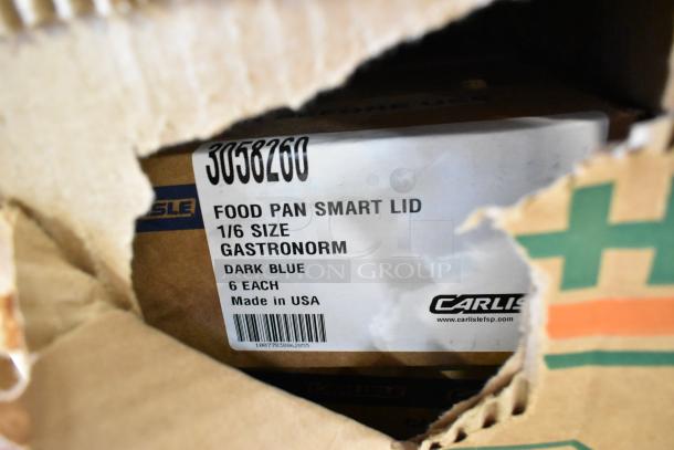 Box of Carlisle Food Pan Smart Lids, 1/6 size, Gastronorm, dark blue, 6 each, made in USA, shown in torn packaging.