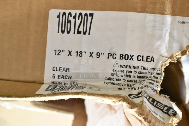 Cardboard box with a label showing "1061207" and dimensions "12" x 18" x 9"." Marked "Clear," "6 each," and "Made in USA."