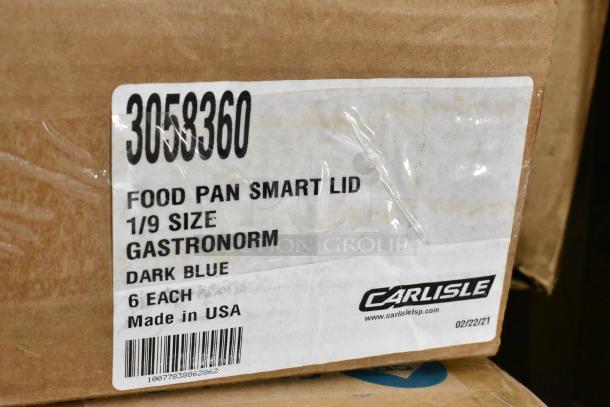 Cardboard box with label: "Carlisle Food Pan Smart Lid, 1/9 Size Gastronorm, Dark Blue, 6 Each, Made in USA."