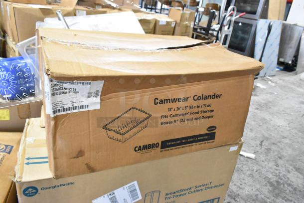 Cardboard box labeled "Cambro Camwear Colander," 18"x26"x8", fits 9" food storage boxes, in new condition; part of scratch and dent lot.