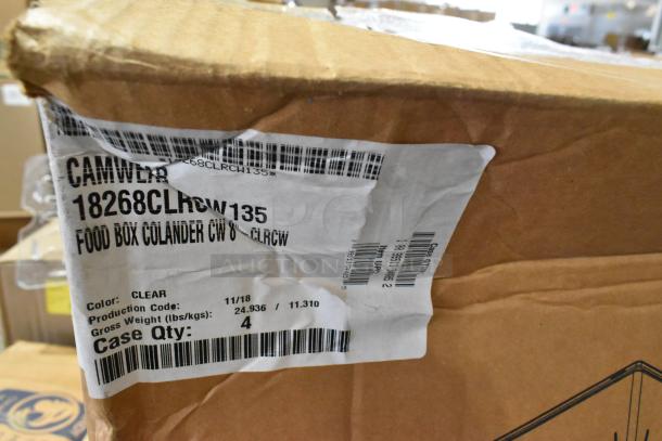 Cardboard box labeled “Camwear Food Box Colander CW 8”. Includes ladles, bins. Scratch and dent condition. 16 box lot.