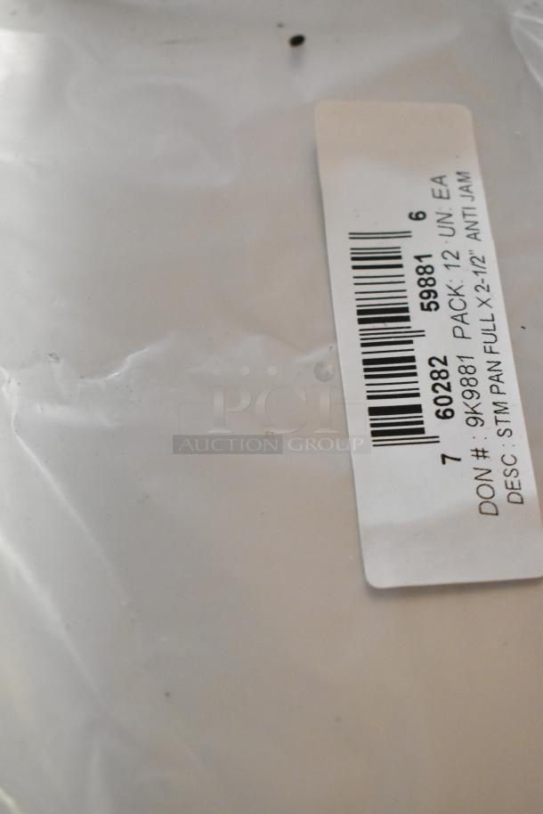 Label on a brand new scratch and dent item package, marked "Pack: 12 un. ea" and "Desc: STM pan full x 2-1/2 anti jam".