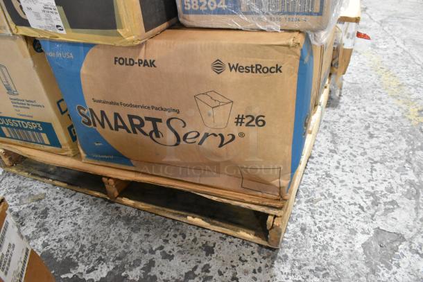 Boxes labeled "SMARTServ" and "WestRock" on a pallet, indicating sustainable foodservice packaging. New scratch and dent items include ladles, colander, Camwear bins.