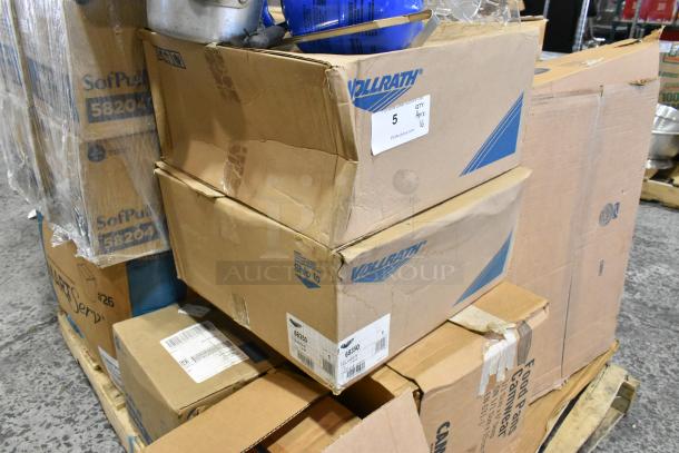 Stack of new boxes labeled with Vollrath, containing ladles, colander, and Camwear bins. Boxes show minor dents. Quantity: 16.