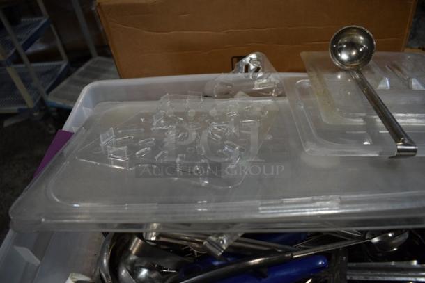 Scratch and dent kitchen items, including ladles, colander, and Camwear bins in boxes. New condition, 16 times your bid.