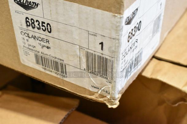 Boxes labeled with "Vollrath Colander," Professional Alum Cookware, 16 qt, 10 gauge, showing barcodes and "Made in USA."