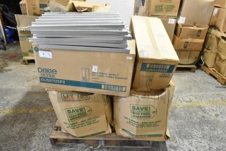 11 brand new scratch and dent boxes including Dixie cutlery dispenser and Camwear bin lids on a pallet.