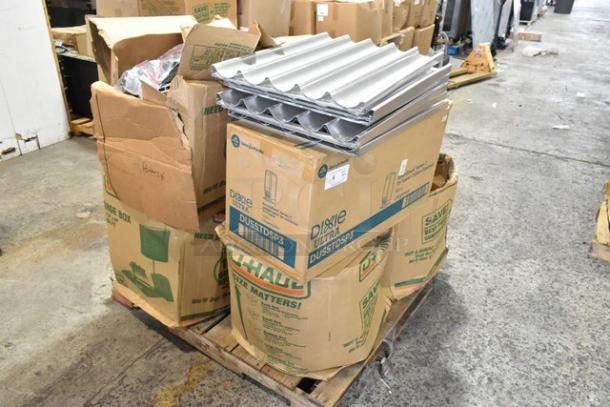 11 boxes of new, scratch and dent items. Includes Dixie Cutlery Dispenser and Camwear Bin Lids. Boxes have visible wear.