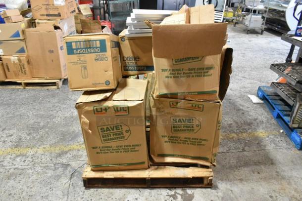 11 brand new boxes on a pallet, including Dixie cutlery dispenser and Camwear bin lids. Scratch and dent condition.