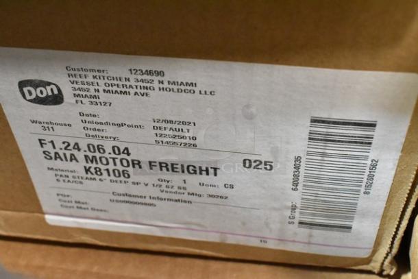 Cardboard box with a label detailing shipment info. Brand: Don. Customer: Reef Kitchen, Miami. Contains cutlery dispensers and bin lids.