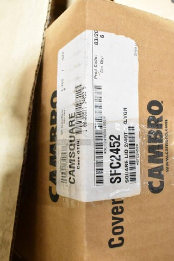 Boxes labeled Cambro with a tag for "CamSquare Lid SFC2452," in new scratch and dent condition.