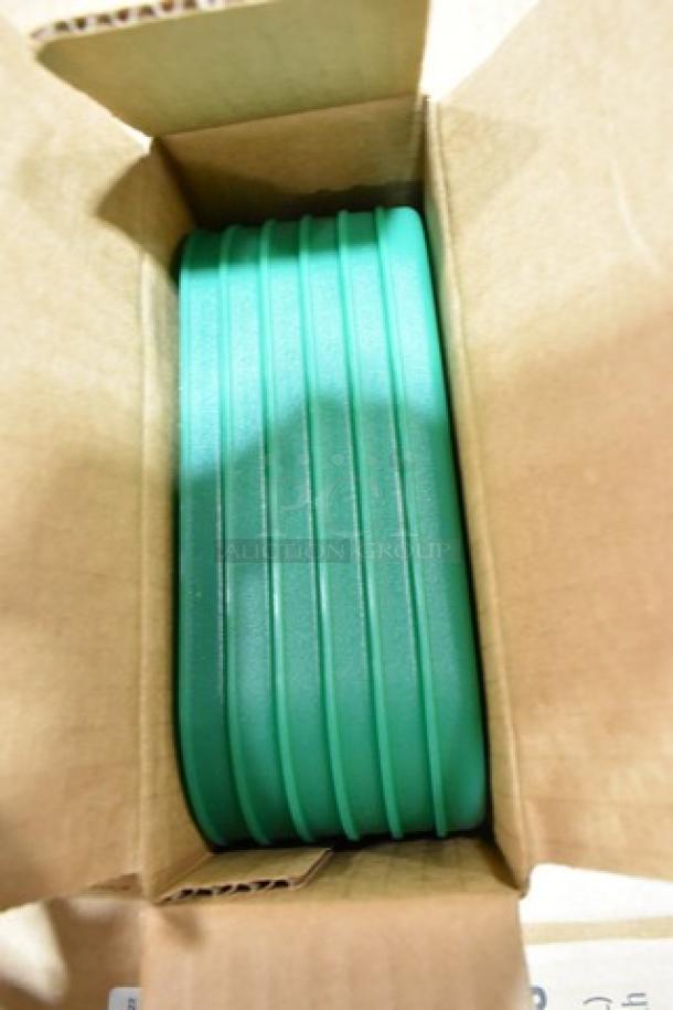 Box containing green Camwear bin lids, brand new with minor scratches. Includes total of 11 boxes featuring Dixie cutlery dispenser.