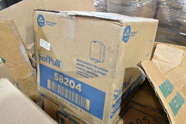 Boxes labeled "SofPull 58204" with visible scratches. Includes Carlisle food pan smart lids and to-go containers. New condition.