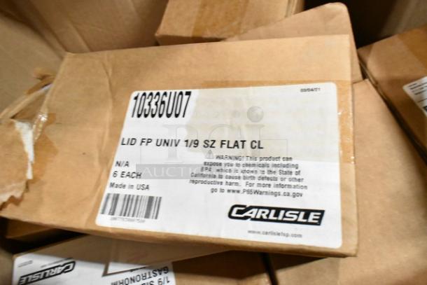 25 new boxes of Carlisle food pan smart lids and to-go containers. Label shows item code 10336U07, made in USA, 6 each.