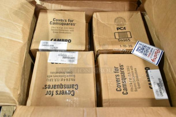 Boxes of new scratch and dent food pan lids and to-go containers; includes Cambro CamSquares covers.