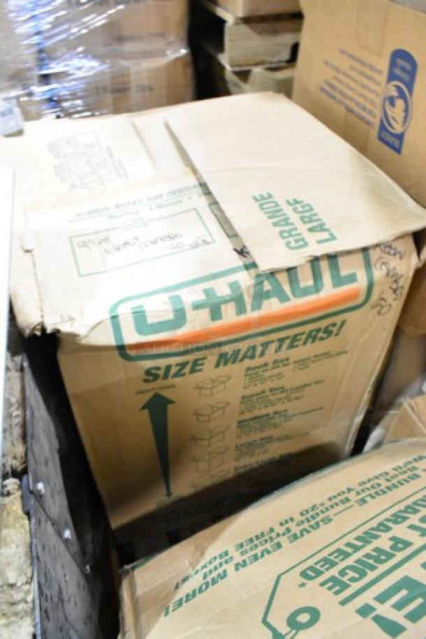 Boxes labeled "U-Haul Grande/Large." Includes Carlisle food pan smart lids, to-go containers. New, scratch and dent condition.
