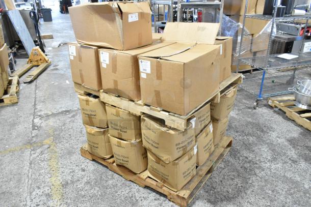 24 new boxes on a pallet, including Pro Pak Paper Handle Bag and BB-031-750ml Flower Bowl, scratch and dent condition.