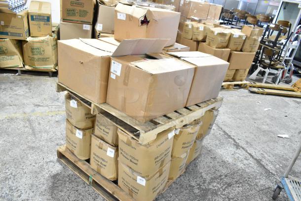 24 scratch and dent boxes including Pro Pak paper handle bags and BB-031-750ml flower bowls on a pallet, labels visible.