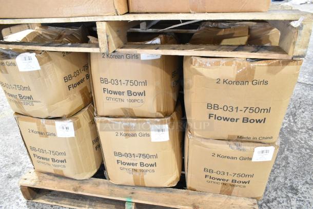 24 new scratch and dent boxes of BB-031-750ml flower bowls, 2 Korean Girls brand. Each box labeled with "Made in China."