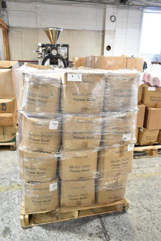 36 boxes of BB-031-750ml Flower Bowl, each labeled "2 Korean Girls," in new scratch and dent condition on a pallet.