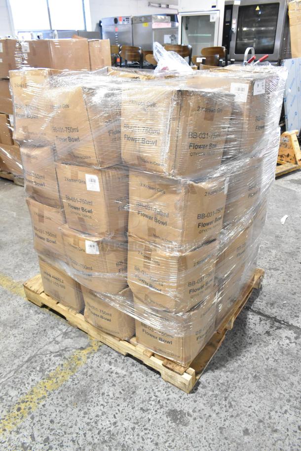 36 brand new boxes of BB-031-750ml flower bowls on a pallet, labeled "scratch and dent," wrapped in clear plastic.