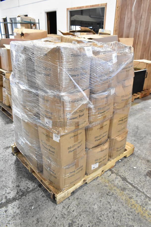 Pallet of 36 boxes, each labeled BB-031-750ml Flower Bowl. Boxes are marked "Scratch and Dent," wrapped for shipment.