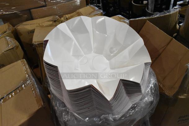 A stack of BB-031-750ml flower bowls in origami style, white, in new condition. Packed in cardboard boxes.