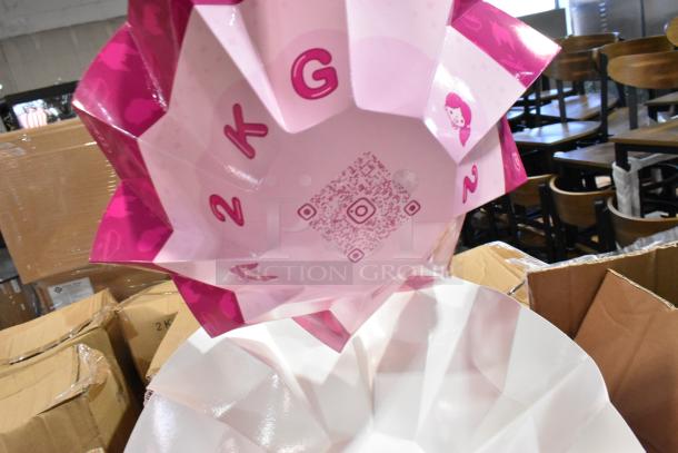 36 brand new scratch and dent boxes, including BB-031-750ml flower bowl. Pink packaging with decorative design.