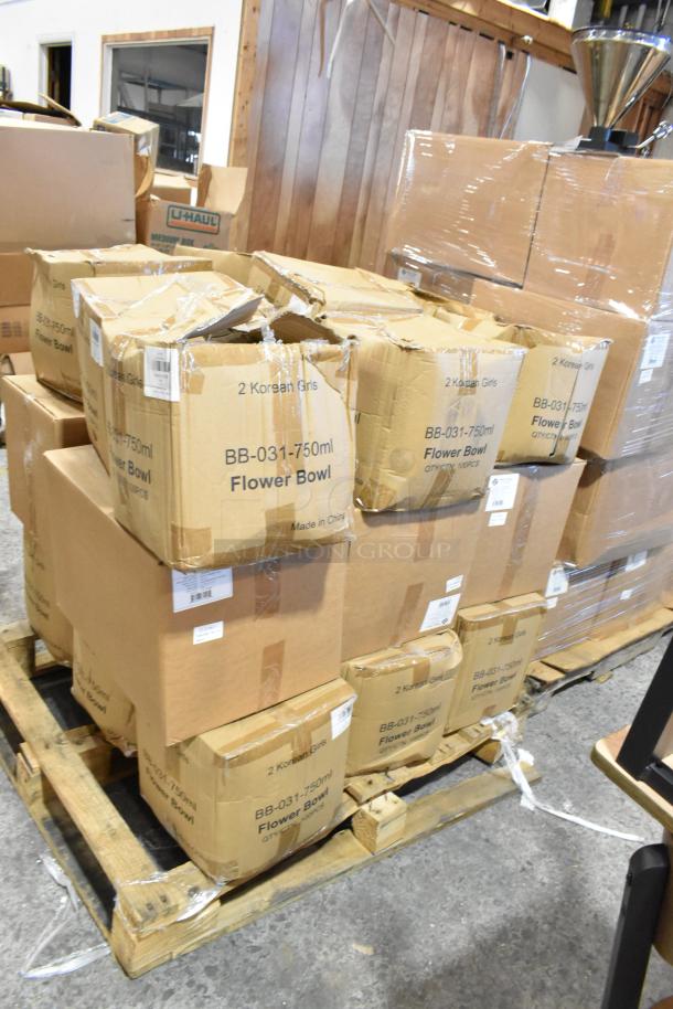 23 boxes on pallets, labeled "BB-031-750ml Flower Bowl," some damaged. Includes ProPak paper handle bag. Auction lot.