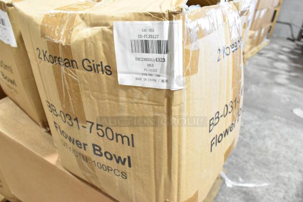 Cardboard box labeled "BB-031-750ml Flower Bowl." New, scratch and dent condition. Includes 23 boxes; marked made in China.