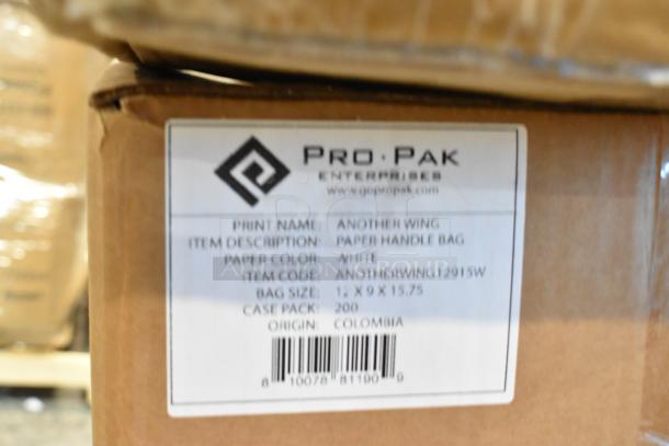 23 new scratch and dent boxes, including ProPak paper handle bags. Label shows item description and origin.