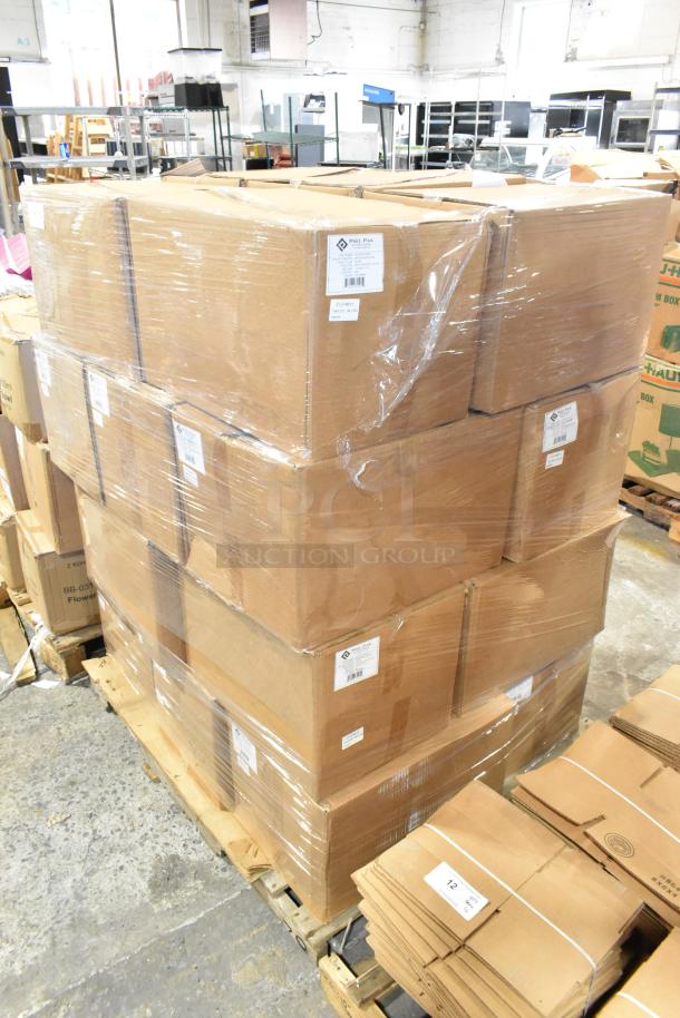 20 new scratch and dent boxes, ProPak paper handle bag included, pallet wrapped, with visible product labels.