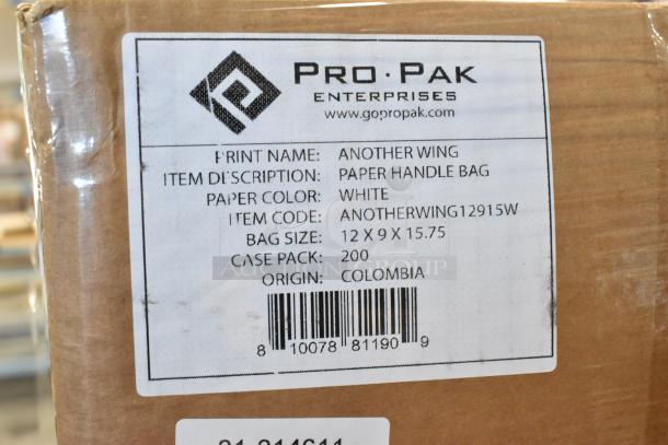 Brown box with label showing ProPak Enterprises paper handle bags, white, size 12x9x15.75, case pack 200, origin Colombia.